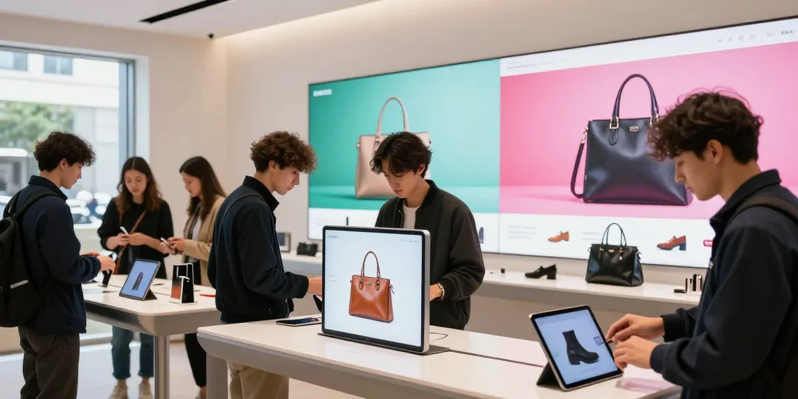 Customers engaging with stylish 레플리카 products on digital devices in a modern e-commerce setting, showcasing high-quality fashion.