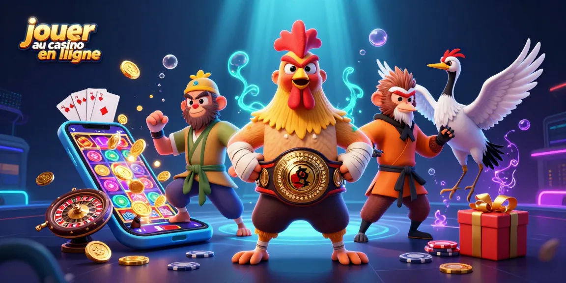 Jouer au casino en ligne avec une illustration dynamique de personnages 3D, jeux et ancêtres martiaux.