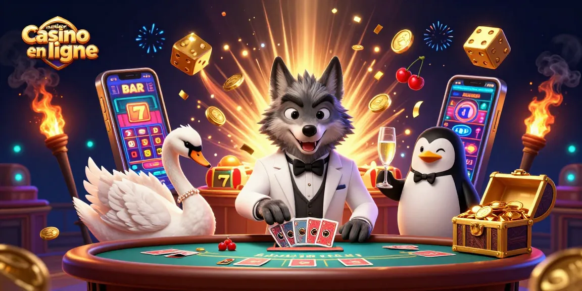 Illustration colorée représentant le meilleur casino en ligne avec un loup, un cygne et un pingouin autour de machines à sous et de cartes.