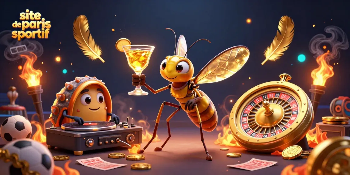 Plongez dans l'univers du site de paris sportif avec cette illustration dynamique illustrant un mosquito mascotte, un DJ trilobite et une roulette.
