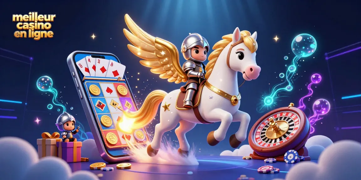 Venez découvrir meilleur casino en ligne avec cette illustration ludique du cheval céleste, des jeux et des gains éclatants.