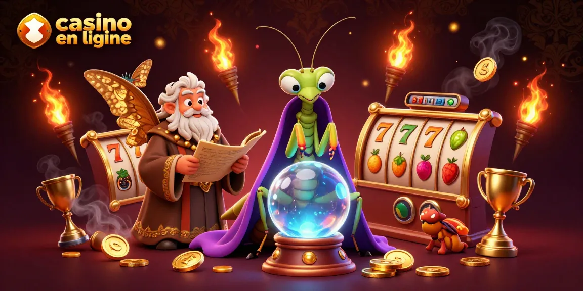 Jouer au casino en ligne avec un prêtre mantis et un papillon sage entourés de symboles de jackpot.