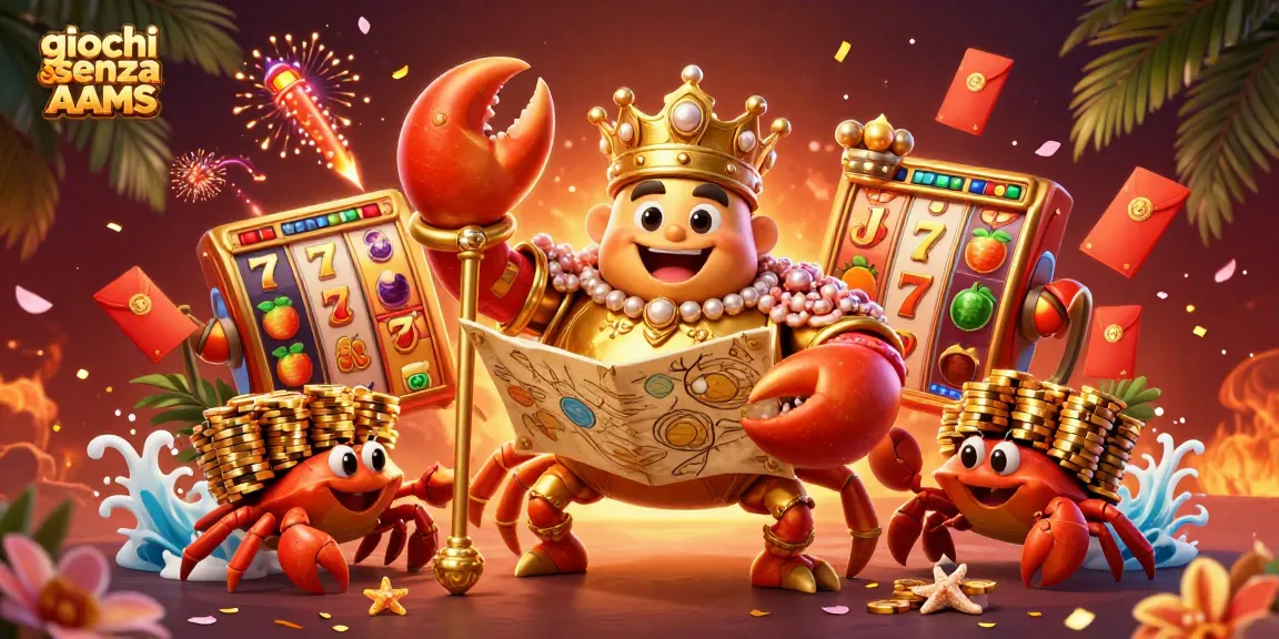 Scopri i giochi senza AAMS con il granchio imperiale e servitori che portano fiches d'oro.