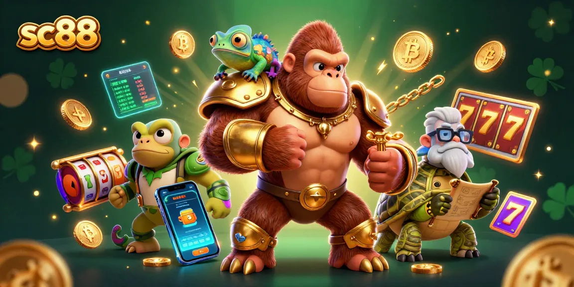 Spin the reels with sc88, featuring a powerful gorilla king and crypto elements in 3D.