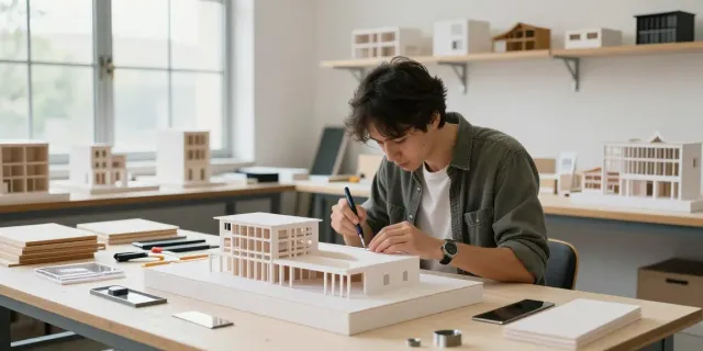 Handwerker beim Architektur Modellbau Frankfurt in einem hellen Atelier.