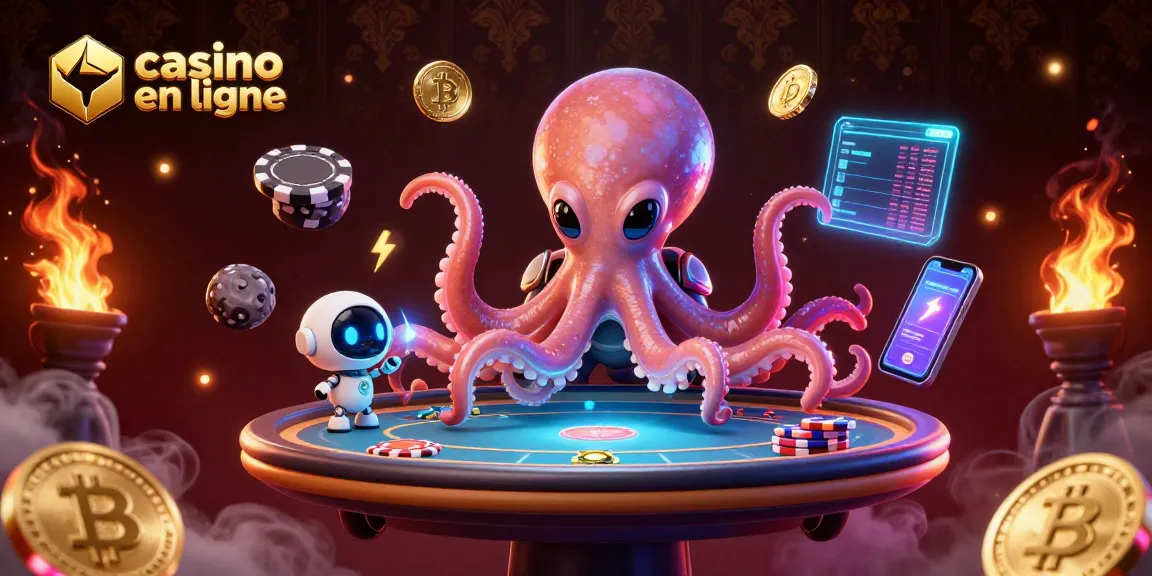 Illustration dynamique d'un casino en ligne avec un octopus extraterrestre et des pièces de crypto-monnaie.