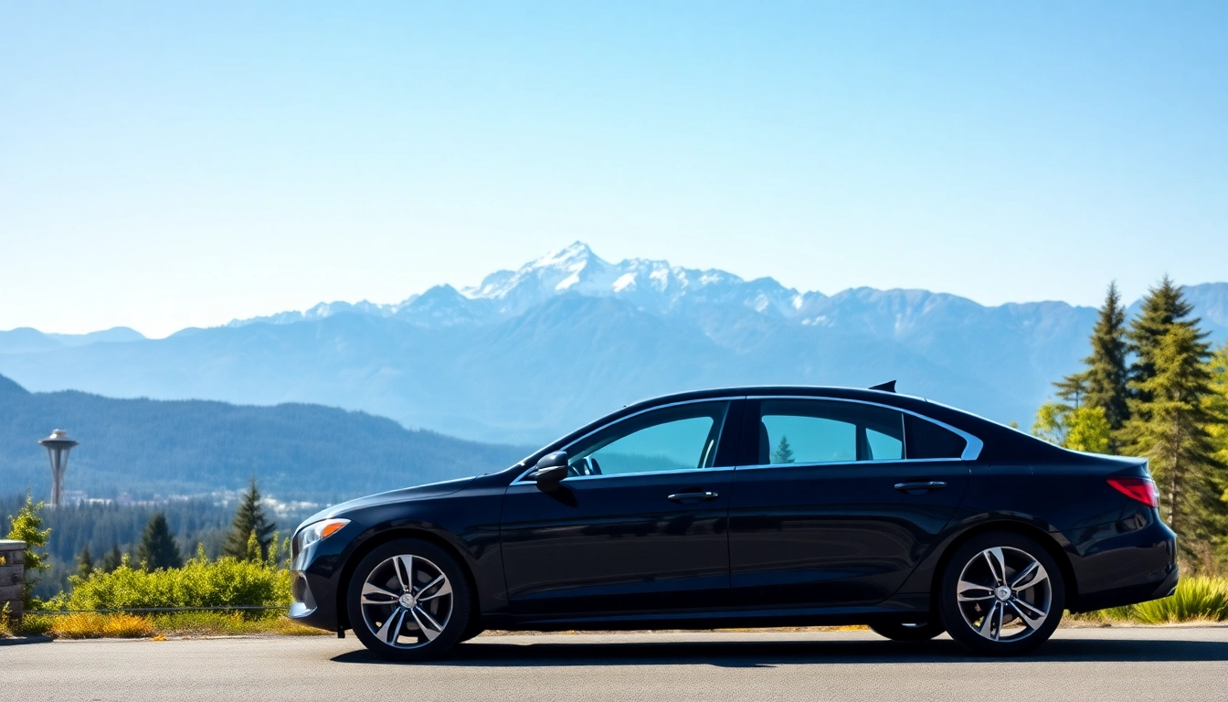 Experience seamless vancouver to seattle car service with a luxurious black vehicle set against a scenic mountain backdrop.
