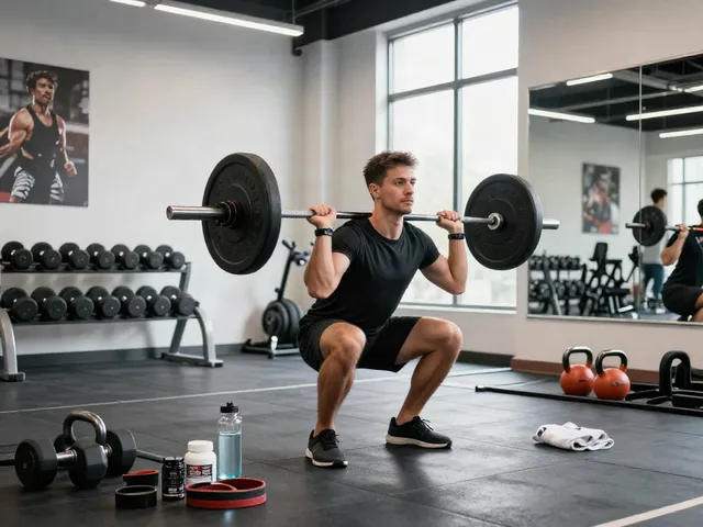 Man performing barbell squat in gym, highlighting steroidi online for bodybuilding.