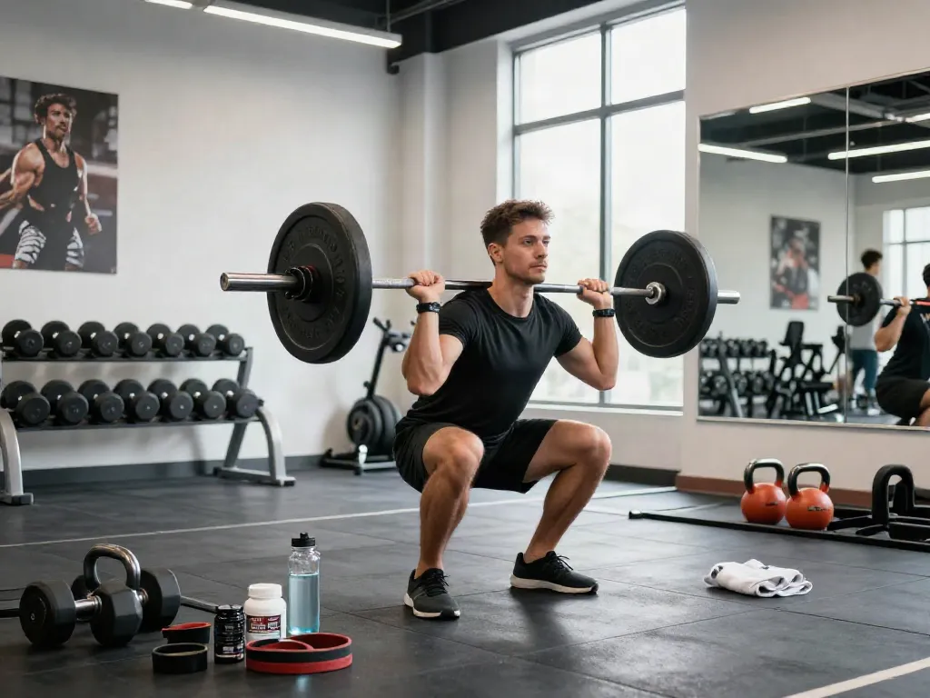 Man performing barbell squat in gym, highlighting steroidi online for bodybuilding.