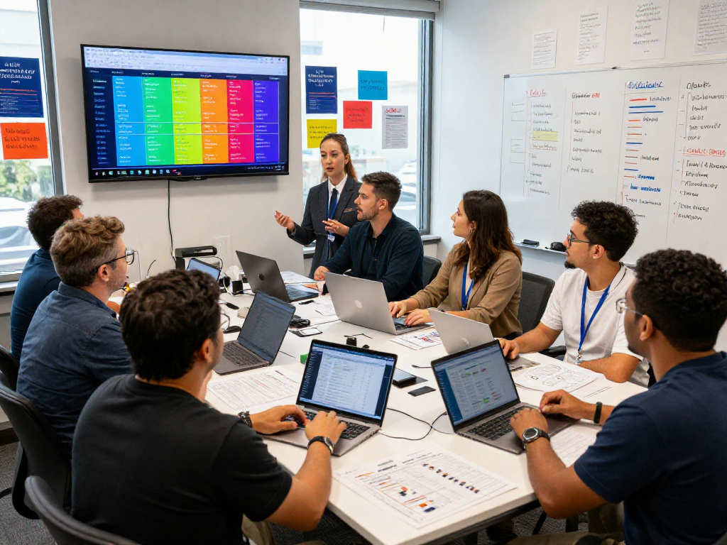 Campaign fundraising consultant collaborating with team in vibrant office, analyzing voter data for effective political strategy.