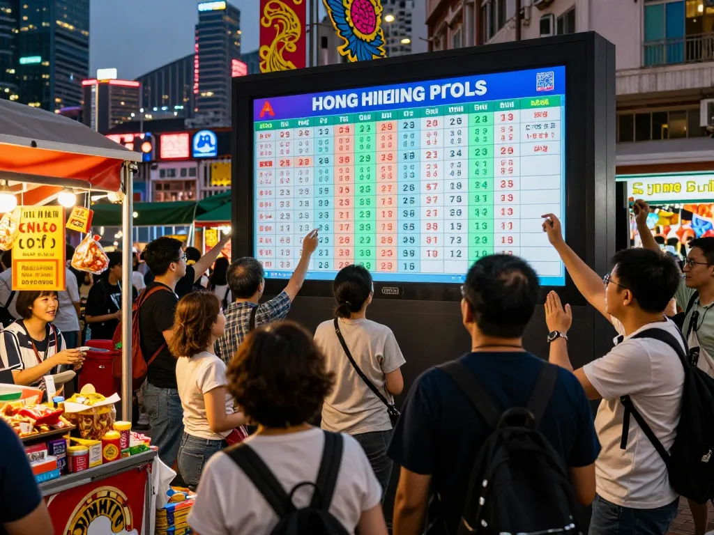 Hongkong Lotto drawing event with excited players and live results display in an urban backdrop