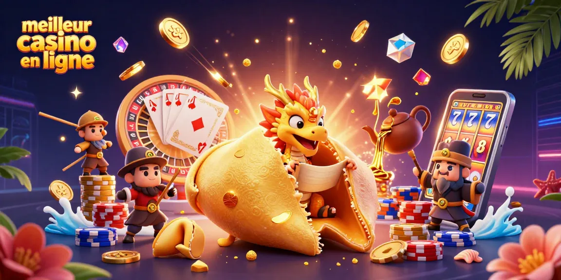 Visitez le meilleur casino en ligne avec un dragon sage et un cookie en or dévoilant des trésors.