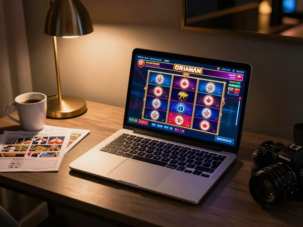 Engaging scene of online casinos in Canada with vibrant slots gameplay displayed on laptop screen.
