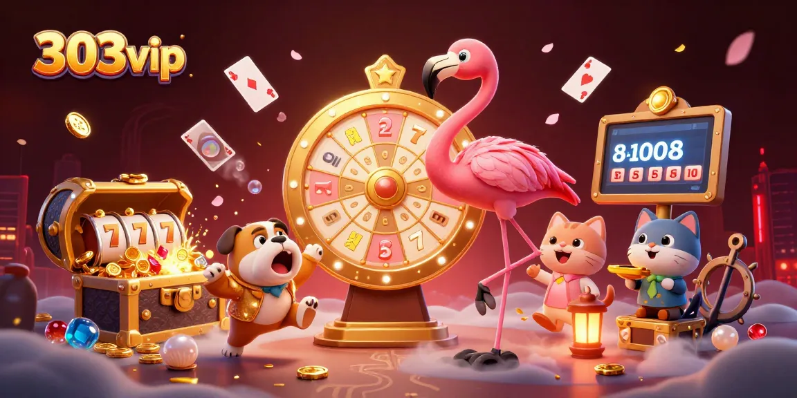 303vip captures the excitement of winning with a vibrant casino scene featuring a flamingo host and bulldog contestant.