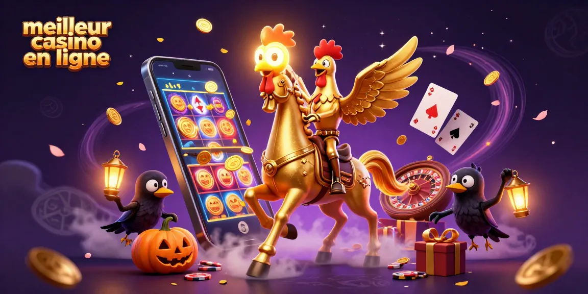 Illustration de "meilleur casino en ligne" avec un coq doré et des amis fantastiques dans un casino nocturne.