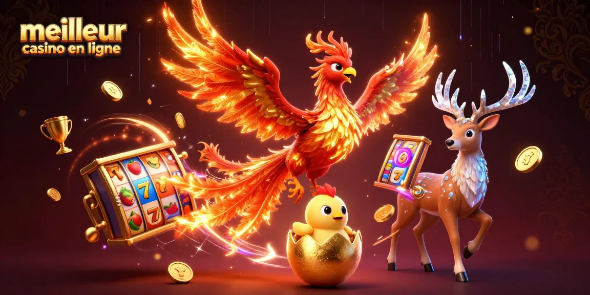 La scène dynamique du meilleur casino en ligne avec un phoenix de feu, des rouleaux de machines à sous et des éléments d'or.