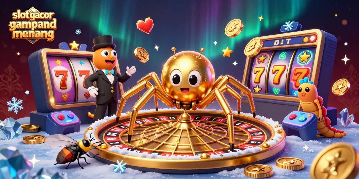 Spinning a golden web at the casino, the golden spider symbolizes slot gacor gampang menang as a fly bets nervously.