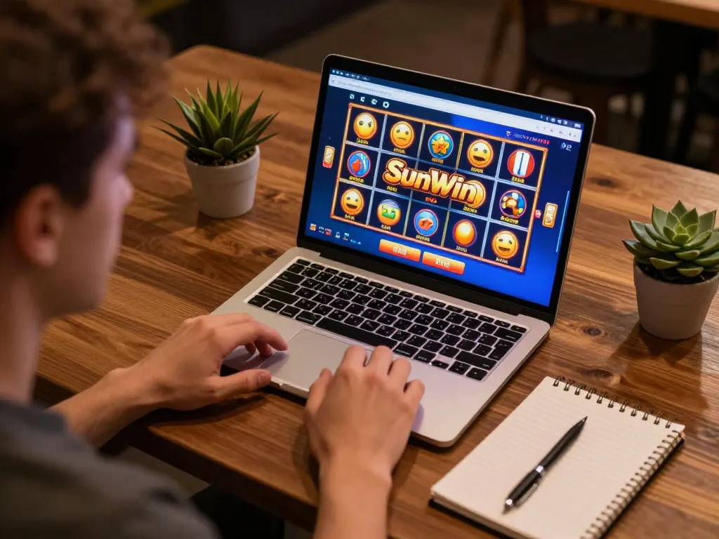 Engaging online gambling session on Sunwin with player analyzing slots game strategies