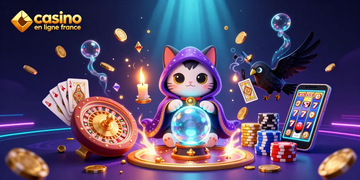 Casino en ligne France : un chat mystique et un corbeau tarot au milieu d'une scène de casino animée.