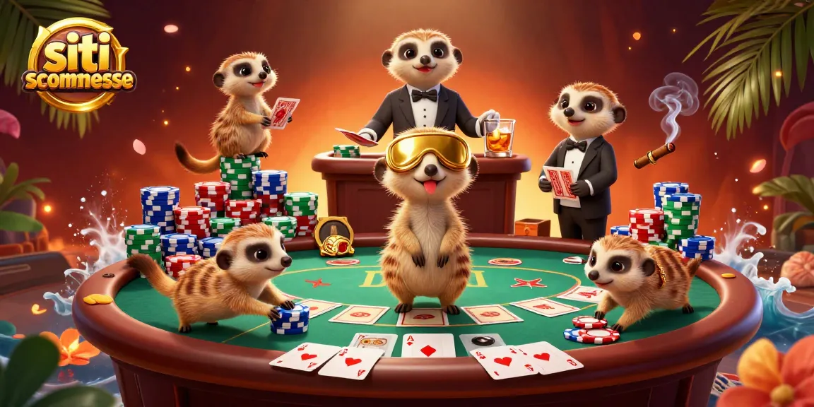 Un gruppo di suricati gestisce un casinò con scommesse online in un'illustrazione dettagliata, evidenziando siti scommesse.