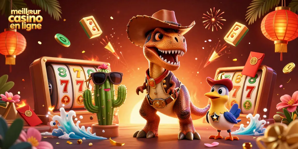 Profitez du meilleur casino en ligne avec un T-Rex animé et des éléments de jeu colorés.