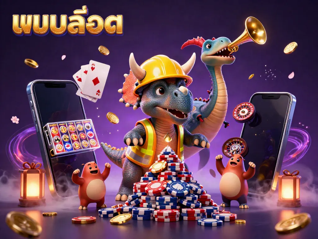 Experience the excitement of แบบสล็อต with a thrilling scene of a triceratops and parasaurolophus celebrating around vibrant casino elements.