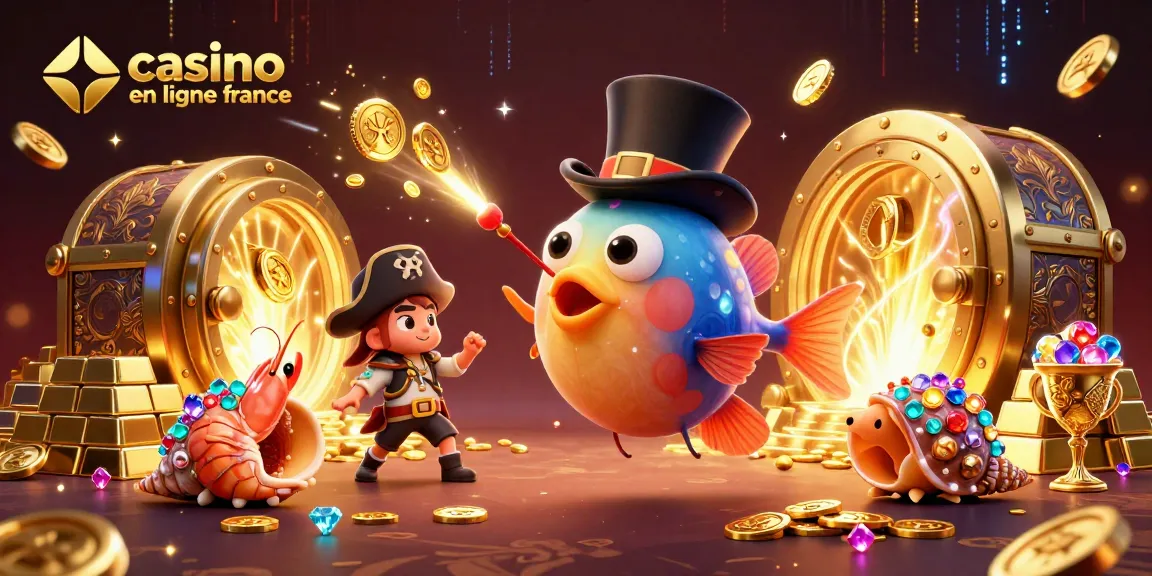 Plongez dans l'univers du casino en ligne France avec une illustration captivante de personnages marins attirant des pièces d'or.