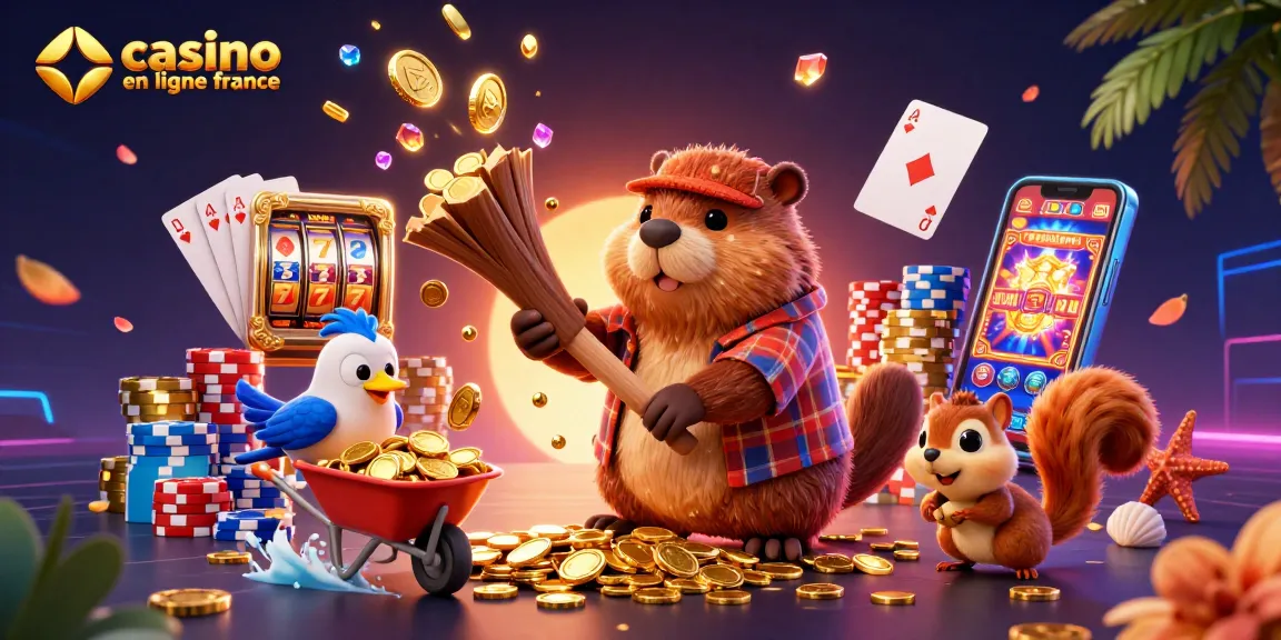 Exploration colorée des jeux dans un casino en ligne France, avec un castor cartoon collectant des pièces d'or.