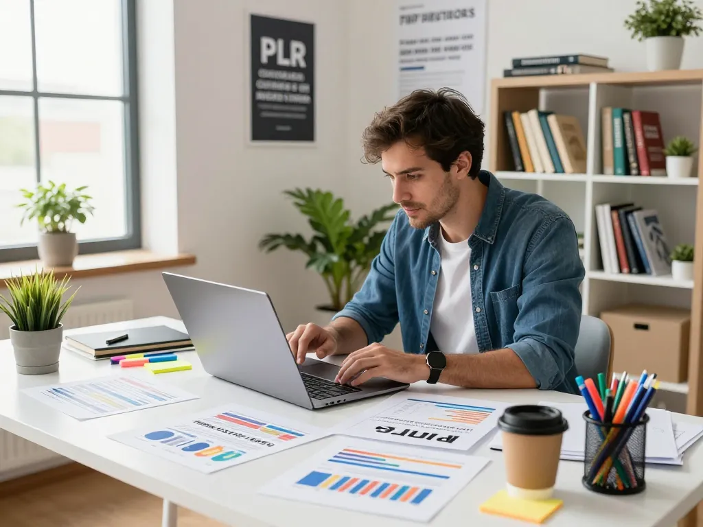 Purchase PLR Content while reviewing digital drafts in a vibrant office workspace.