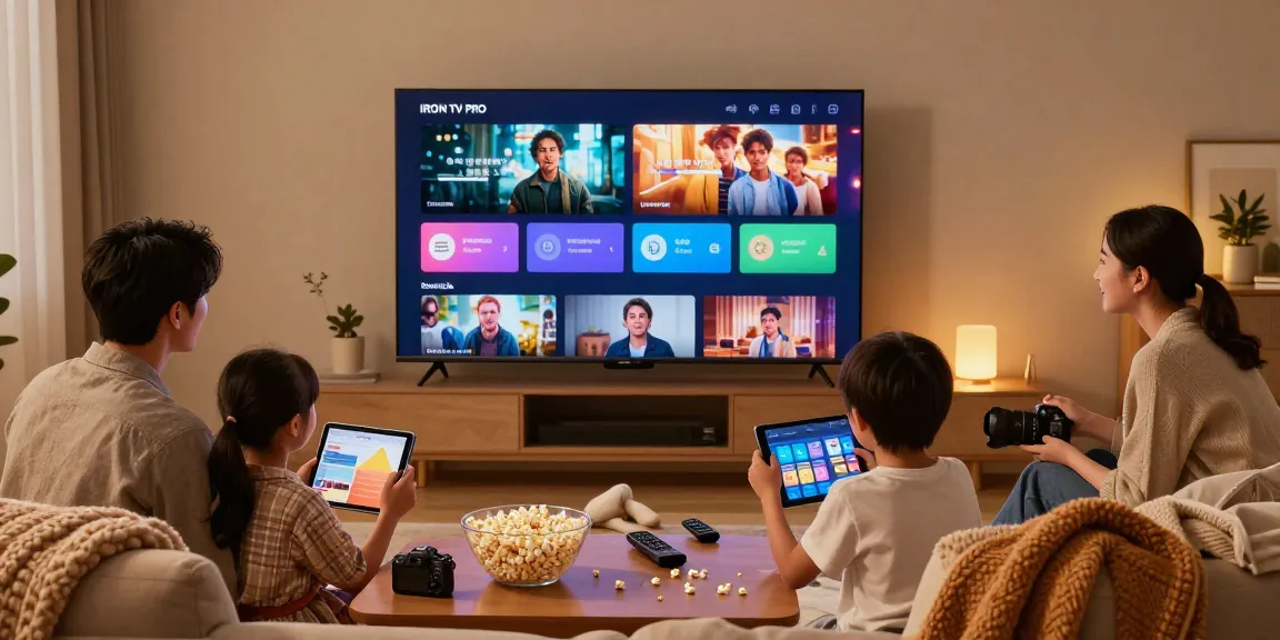 Family enjoying IRON TV PRO on Smart TV in cozy living room.