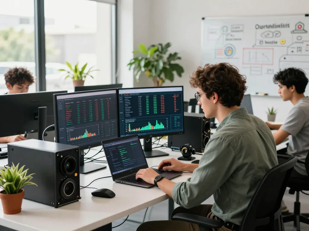 Online crypto mining professional at a modern workspace, dual monitors showing mining stats.
