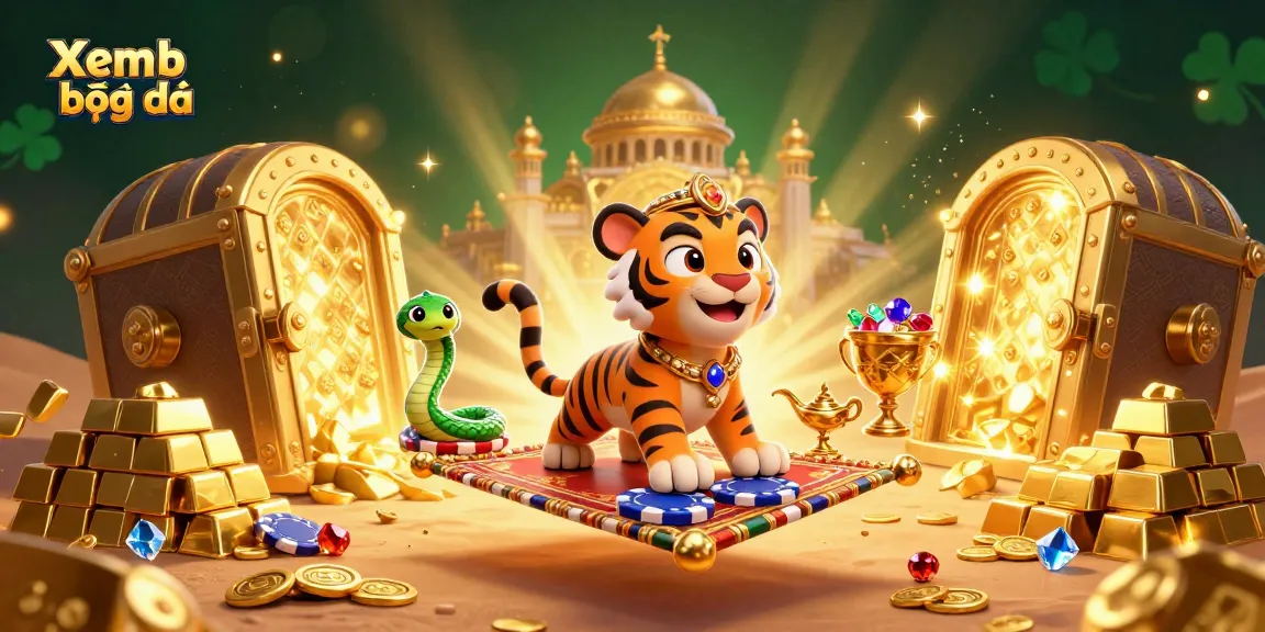 Xem bóng đá trực tiếp with a vibrant casino-themed 3D illustration featuring treasure vaults and sparkling gems.