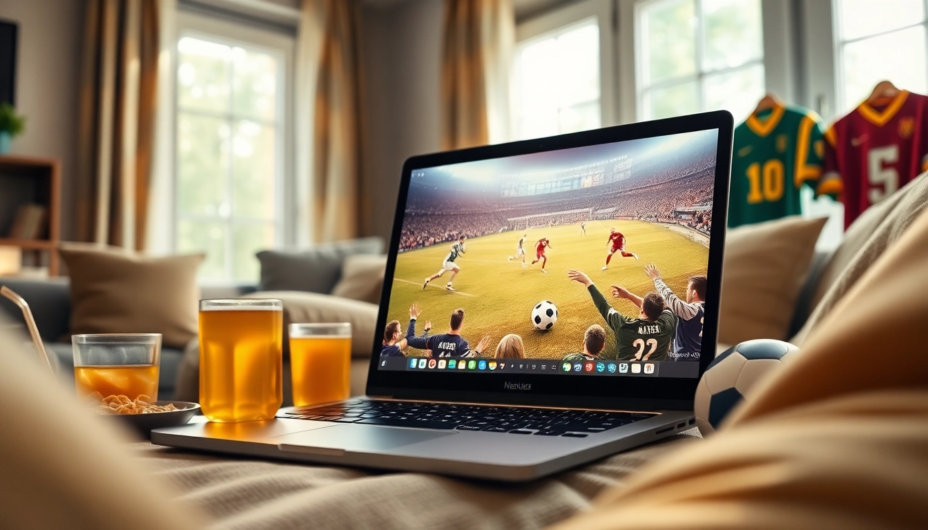 Menyaksikan bolakami di ruang tamu yang nyaman dengan laptop, camilan, dan minuman.