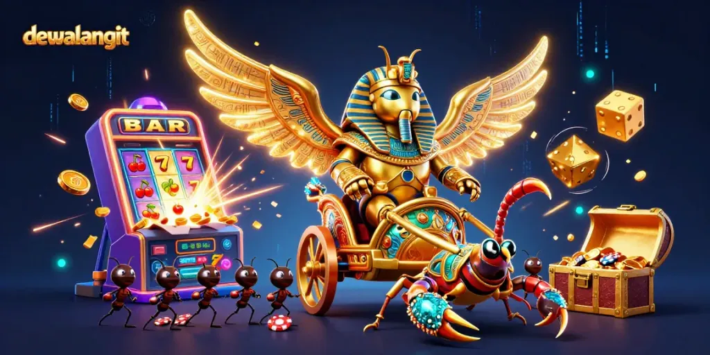 Dewalangit menampilkan ilustrasi kasino dengan scarab emas dan simbol permainan di latar belakang.
