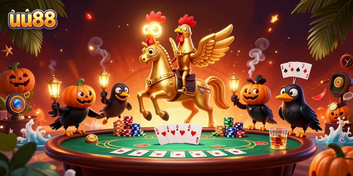 uu88 showcases a golden rooster headless horseman in a spectacular midnight casino scene