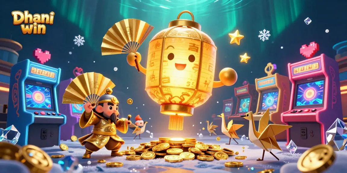 Dhani win offers a vibrant gaming experience with colorful arcade machines and golden lantern characters celebrating casino fun.