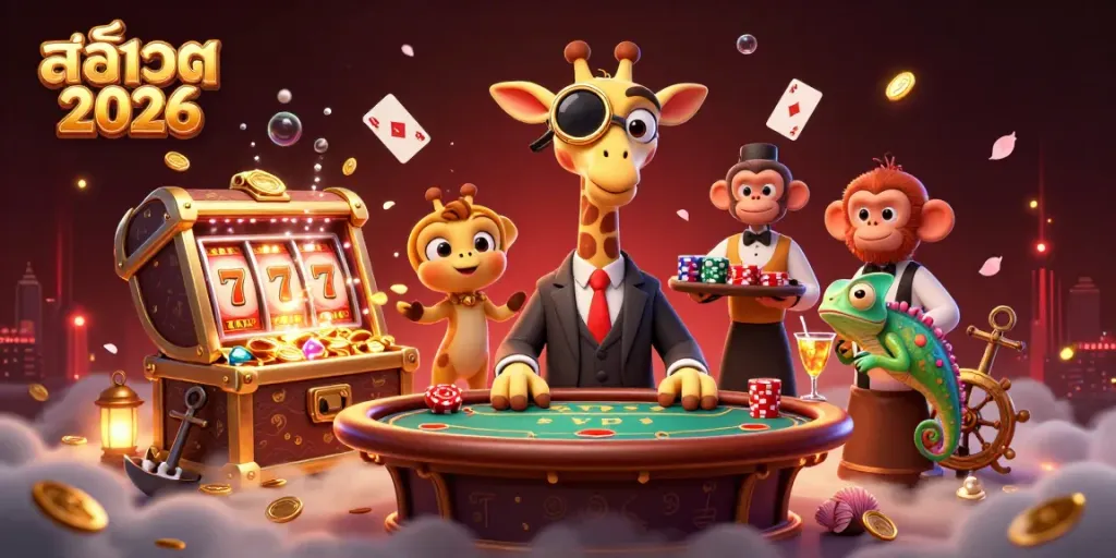 Experience excitement with สล็อต 2026 in a vibrant casino scene featuring colorful slot reels and animated characters.
