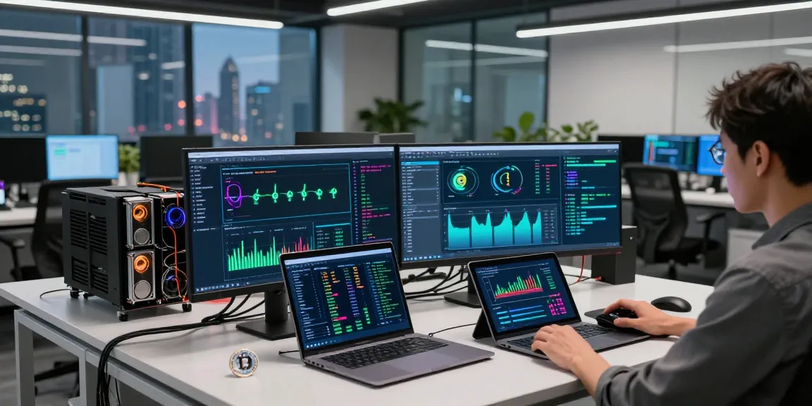Crypto mining service illustrated in a high-tech workspace, featuring mining software interfaces and digital wallets, showcasing advanced cryptocurrency technology.