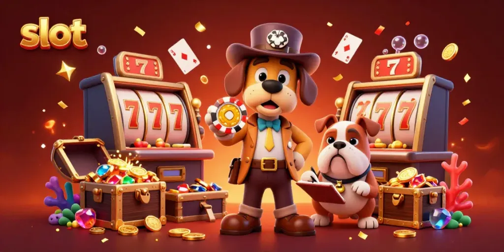 Slot berpadu dengan karakter detektif 3D dalam ilustrasi meriah pencarian petunjuk di dunia kasino.