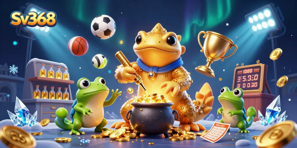 Engage with Sv368 as a vibrant online gaming paradise, showcasing gold coins and dynamic sports elements.