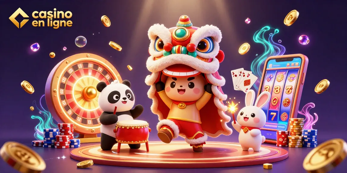 Jouer à des jeux de casino en ligne avec un lion dansant et des pièces dorées illuminées.