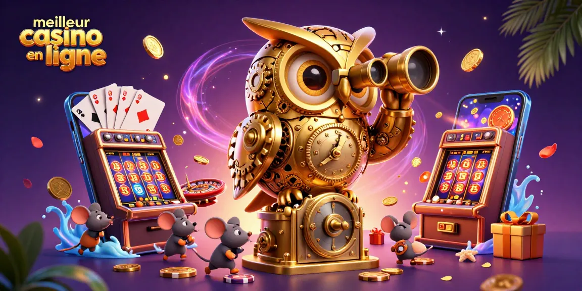 Exploitez le meilleur casino en ligne avec une illustration captivante d'un hibou doré et des machines à sous.