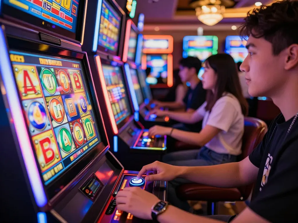 Exciting moment as players engage in game nổ hũ with vibrant, colorful slot machines in a bustling casino