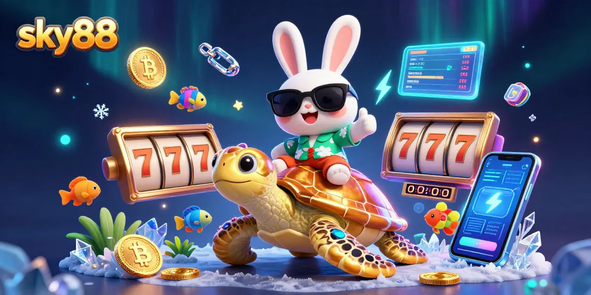 Engage with the vibrant world of sky88 gambling featuring an energetic rabbit and turtle in a casino environment.