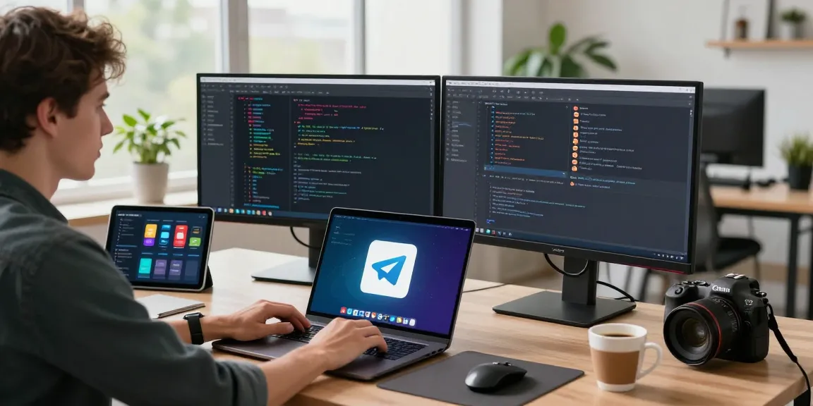 Developer using the 纸飞机中文版官网 in a modern tech workspace with dual monitors and vibrant lighting.