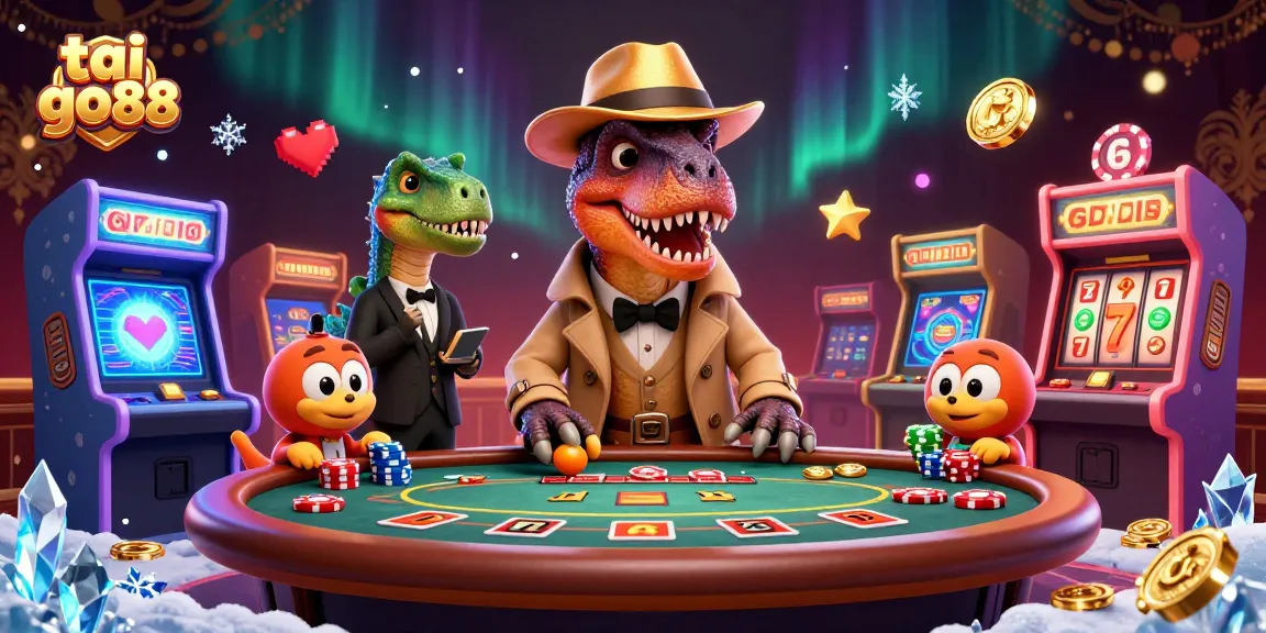 Experience tai go88's thrill as cartoon velociraptor counters chips amidst a vibrant casino scene.