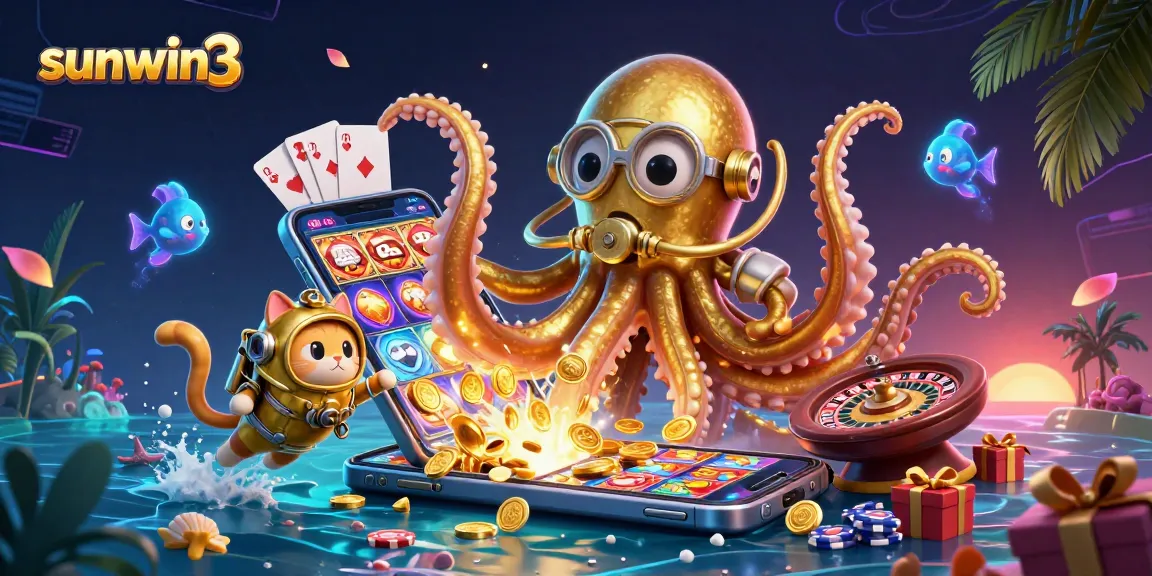 Experience thrilling gameplay at sunwin3 with a giant kraken and vintage diving cat amidst vibrant casino elements.