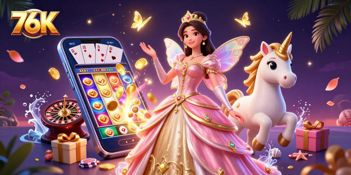 Experience the thrill of winning at 76K with a vibrant illustration of slots and games.