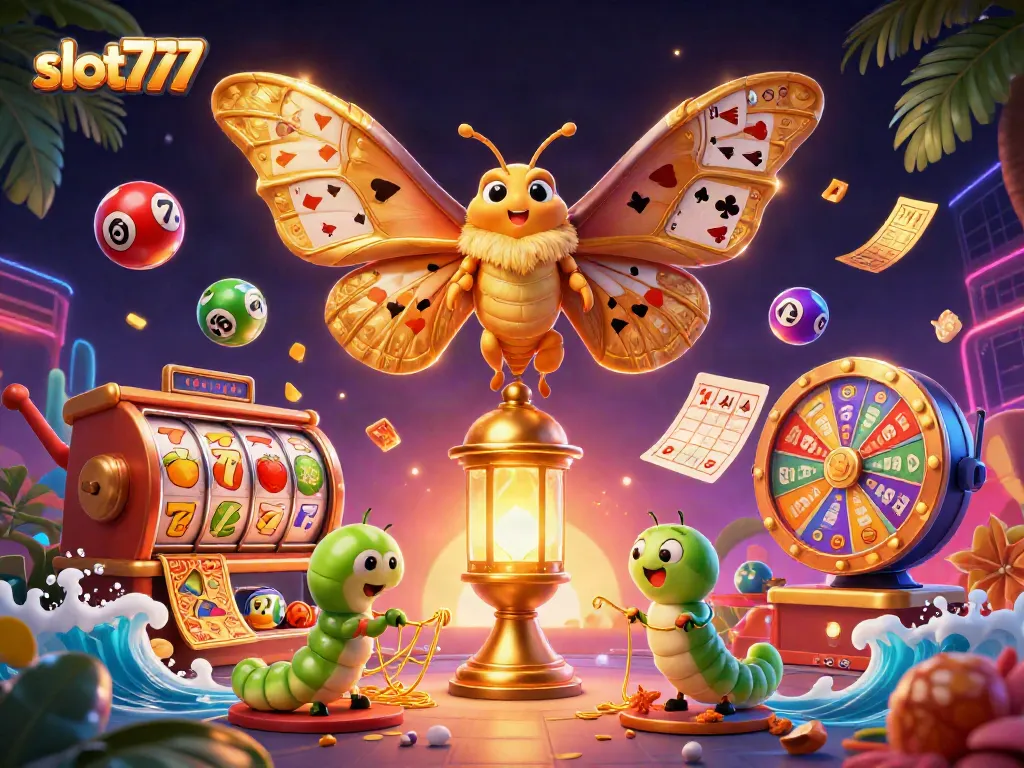 Tampilkan slot777 dengan ilustrasi menarik dari karakter kasino, mesin slot, dan bola lotere yang berwarna-warni.