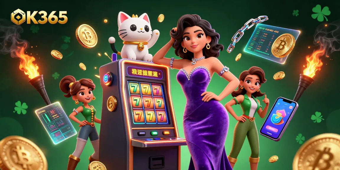 Experience the thrilling jackpots of OK365 with a glamorous lady, luck-driven visuals, and vibrant casino elements.